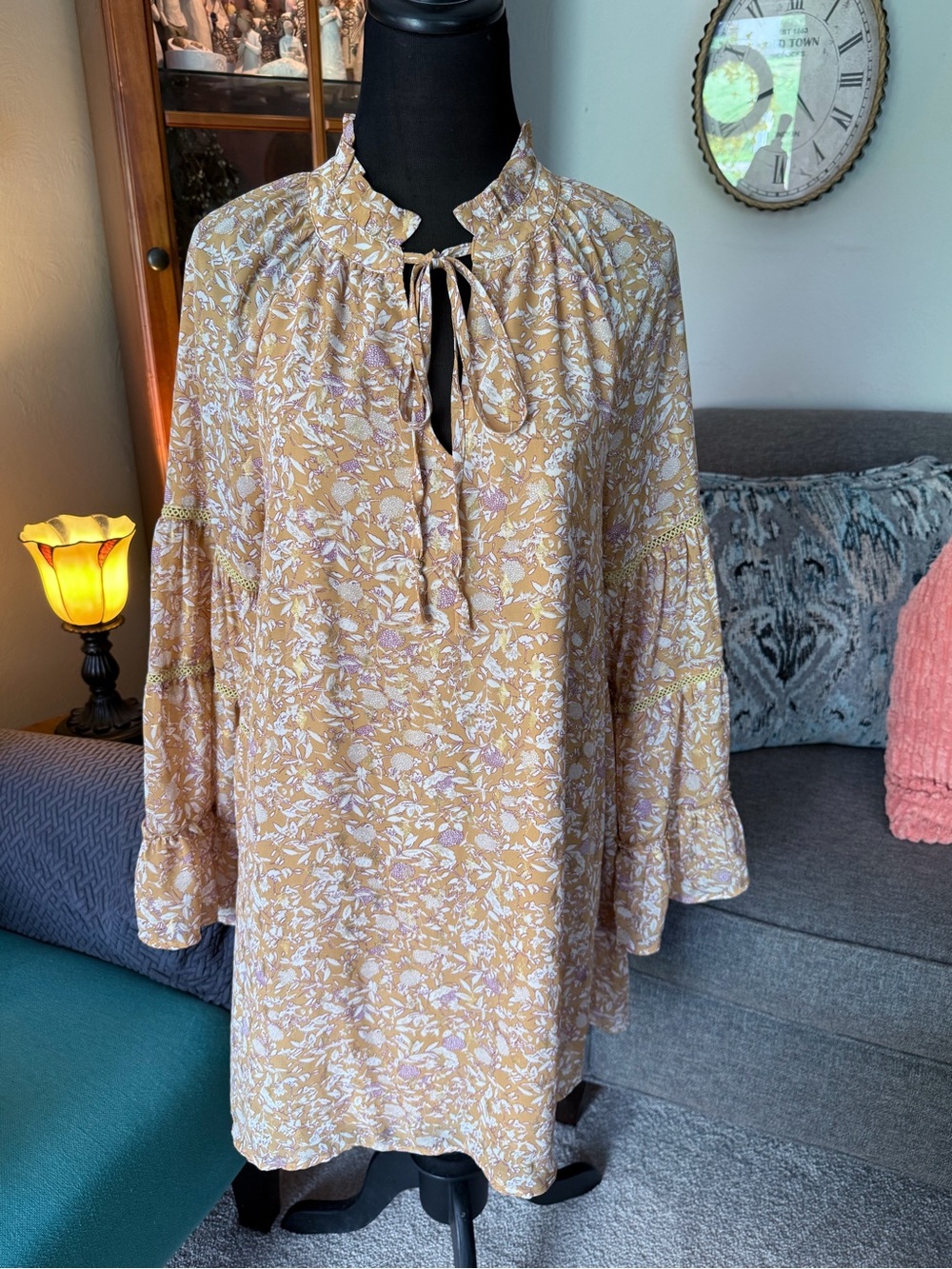 Women's Floral Tie-Neck Boho Dress in Mustard Eveyln